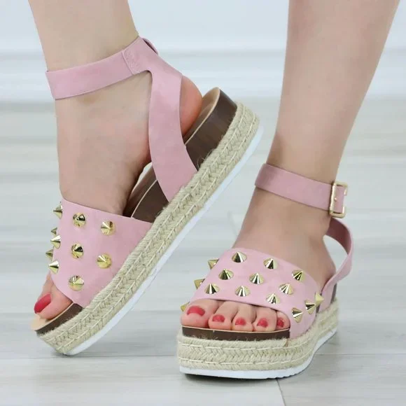 Dusty Pink Nubuck Metal Stud Sandals Espadrille Platform Heel - Picture 5 of 13